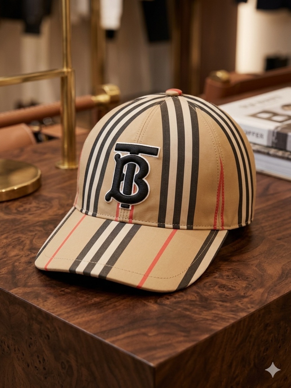 Burberry Beige Striped Baseball Cap with Black TB Monogram